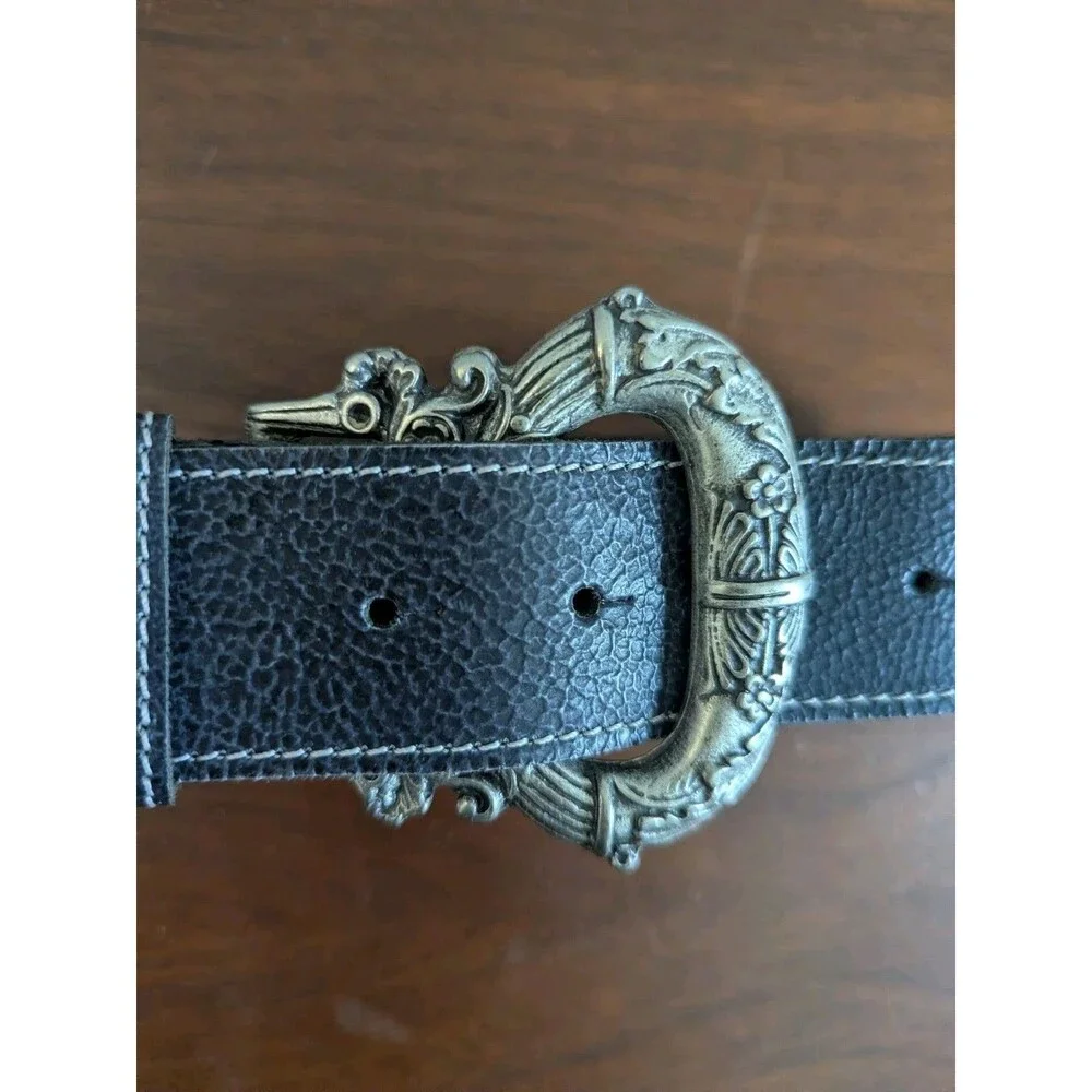 Vintage Italian Leather Belt Womens M Black Pebbled Ornate Pewter Buckle 34-38